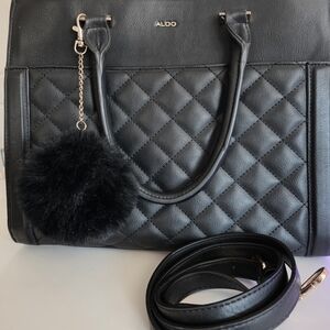 ALDO Black Quilted Faux Leather Satchel with Pom Charm